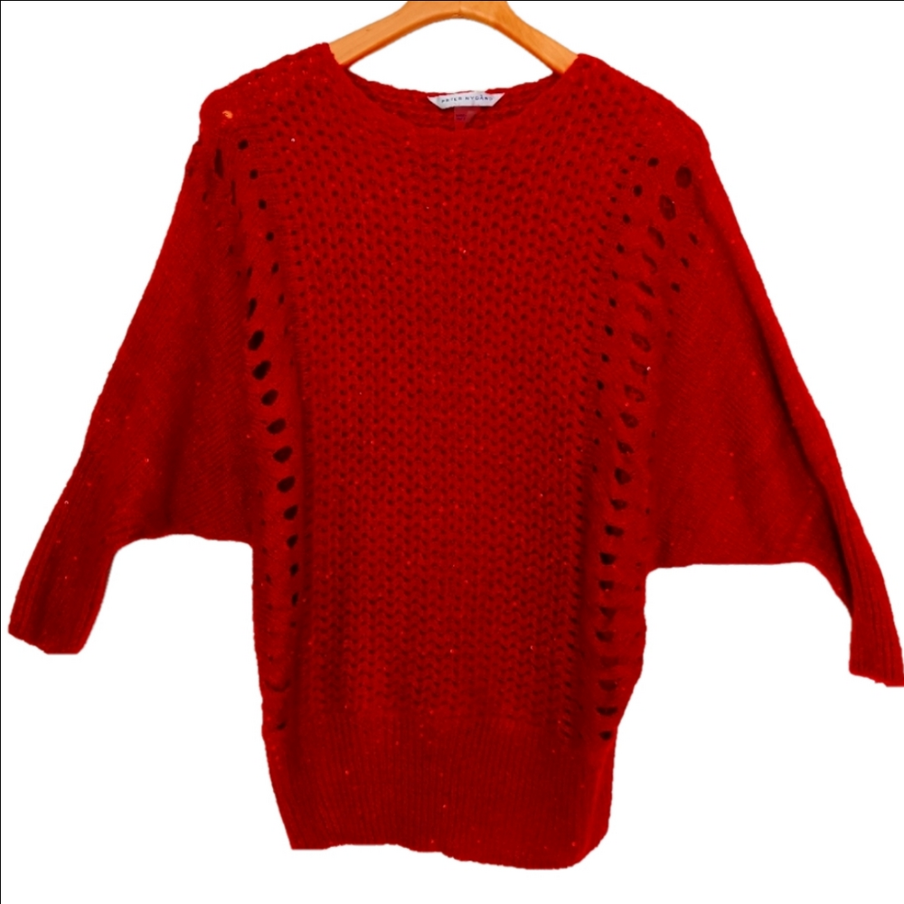 Peter Nygard‎ Sweater Women's Size S Red Knit Ribbed Sparkle 3/4 Sleeve